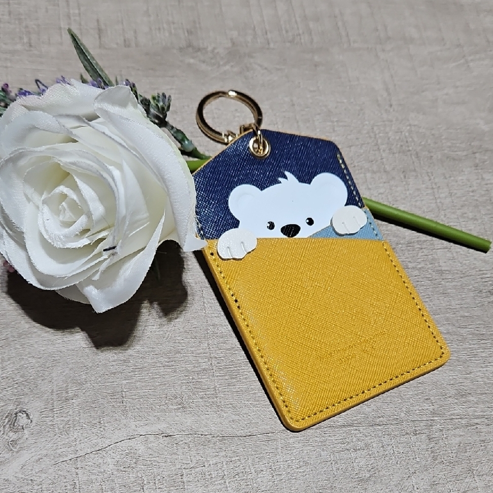 Vegan 🎁 Leather  Peeking Bear Keychain Card & ID Badge Holder